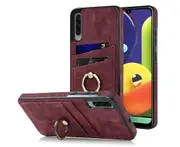 Full Protection Cover for Samsung Galaxy A50/A50S, 2 Cards PU Leather Case with Ring Holder - Dark Red