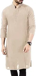 [Taoliyuan] Mens Abaya Thobe Arabic Longline T Shirts Henley Kaftan Banded Collar Plain Gown Shirts1, Beige, Medium