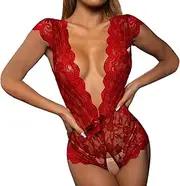[Generic] Plus Size Lingerie for Women Two Piece Set Women Floral Lace Scallop Trim Lingerie Bodysuit Teddy Surprise Bigger Surprise