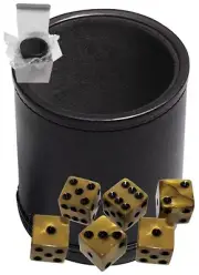 Set (6) 16mm Pearlized Olympic Gold Dice + PU Leather Black Felt Lined Dice Cup