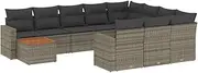 vidaXL Grey Poly Rattan Garden Sofa Set - 11 Piece Modular Outdoor Couch with Cushions & Storage - PE Rattan & Acacia Wood