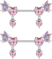 [Niaspi] 2Pcs Pink Heart Nipple Rings for Women 14G 16mm Surgical Stainless Steel Rhinestone Love Heart Cubic Zirconia Butterfly Wing Dangling Nipple Shield Studs Birthday Body Piercing Jewelry Gifts,