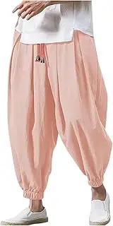 Mens Linen Harem Pants Casual Loose Elastic Waist Drawstring Hippie Pants Lightweight Baggy Yoga Drop Crotch Trousers