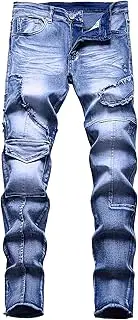 [Zylphorix] Men Nostalgic Straight Jeans with Pocket Raw Edge Comfort Daily Denim Pants Y2K Distressed Straight Trousers, Royal Blue, Large