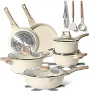 Just Perfecto Set of 21 Pots and Pans, Non-Stick Cookware Set, White Granite Induction Cookware Non-Stick Set with Frying Pans and Saucepans (PFOS, PFOA Free)