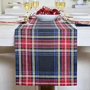 Solino Home Stewart Plaid Table Runner 120 Inches Long - 100% Pure Linen Christmas Black Plaid Table Runner 14 x 120 Inch for Dining, Xmas, Holiday