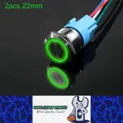 2 x Green LED 22mm Metal Push Button Switch 12V-24V Pre-Wired Self-Rest Switch