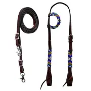 western Leather Equestrian Tooled Beaded Headstall,Breast Collar & Reins. (H072)