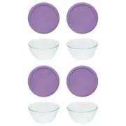 Pyrex (4) 7402 6-Cup Sculpted Glass Bowls and (4) 7402-PC Lavender Purple Lids