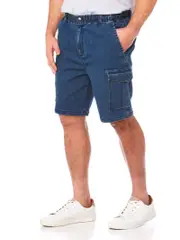 Stretch Jean Cargo Shorts Mid Blue - Elastic Waist