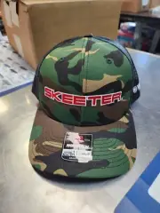 Skeeter green camo with black mesh trucker hat. Snap back