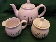 Rae Dunn Artisan Collection White Teapot, Lidded Sugar Bowl & Creamer Set - NEW