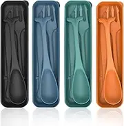 Reusable Plastic Cutlery Set, 4 Pack Fish Shaped Camping Cutlery Set with Case, Plastic Reusable Silverware Travel Cutlery Set for Kids Adults Picnic Outdoor Use(4 Colors, Dark)