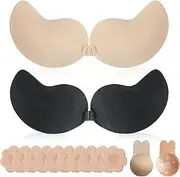 [FeiOne] Adhesive Bra Set, Sticky Bra, Invisible Reusable Invisible Silicone Backless Bra, Skin-Friendly, Self-Adhesive, for Evening Dress, Wedding Dress, Swimsuit and Backless 13 Pieces, Black + Skin
