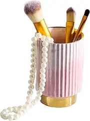 IEEK Pink and Gold Makeup Brush Holder Organizer,Glass Cosmetics Brushes Cup Eyebrow Pencil Pen Container,European Style Striped Brushes Storage,Ceramics Decor for Bathroom Dresser Vanity Desktop