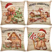4pcs Merry Christmas Gingerbread Throw Pillow Covers 45x45cm Christmas Pillowcases Decorations For Sofa Couch Without Pillow Core