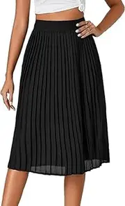 [Generic] Women's Pleated High Elastic Waist A Line Flowy Casual Midi Long Skirt