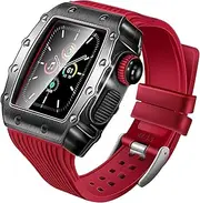 [EKSIL] Silicone Strap, Metal case, Tempered Film, Three-in-one Anti-Fall Wristband Suitable for Apple Watch 8 7 6 5 4 SE 40mm 44mm 41mm 45mm (Color : Red, Size : 44MM)
