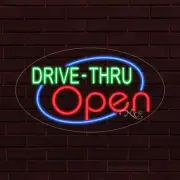 NEW "DRIVE-THRU OPEN" w/BORDER OVAL 28x16 INCH LED FLEX WINDOW INDOOR SIGN 34115