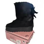 Women’s Moon Platform Bow Back Black Mid Boots Faux Suede UGG Dupes Size 9 NEW
