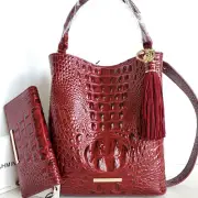 Brahmin Amelia Bucket Cranberry Red Leather Shoulder Bag + Wallet + Tassel NWT