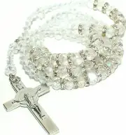 St Benedict Rosary Necklace Crystal Rosarie Beads San Benito Medal Silver Cross