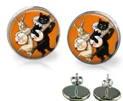 Black Cat & Hare on Banjo Glass Top Stud Earrings 3 Sizes Handmade Photo Jewelry