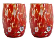 Pair of Murano Glass Drinking Art Tumbler Red Multi Handmade Millefiori