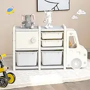 HONEY JOY Kids Toy Storage Organiser with 2 Large Bins, Pull-Out Drawers, Cabinet, Front Store Space, Cute Car Shaped Multipurpose Shelf for Toddlers Over 3 to Organize Toys, Books, Clothing (Beige)