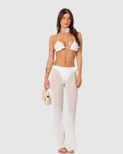 EDIKTED Womens Flo Sheer Mesh Flared Pants WHITE