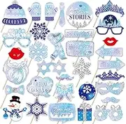 33 Pcs Snowflake Photo Booth Props Dress Up Paper Masks Winter Snowman for Merry Christmas Theme Party Decoration Supplies