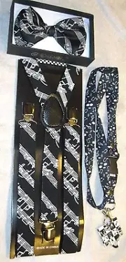 Black White MUSICAL NOTES PIANO KEYS Suspenders,Lanyard&matching Bowtie Bow Tie