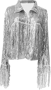 [ａ aternee] Women's Sequin Jacket, Lapel Coat Lightweight, Shiny Open Front Cardigan Long Sleeve for Outdoor Parties Casual Festivals