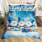 Cartoon Gnome Duvet Cover Set Queen Size,Cute Christmas Snowman Xmas Tree Bedding Set,Boys Girls Room Decor,Winter Snowflake Romantic Comforter Cover,Blue Quilt Cover,2 Pillowcases(No Comforter)