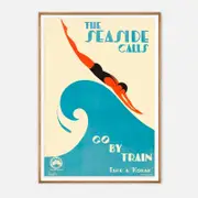 Galrie The Seaside Calls Retro Travel Poster-1930s Vintage Australian Art Print Decor, Wood Frame, 50 x 70cm (20 x 28inch)