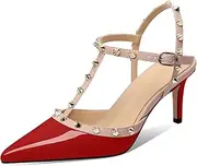 [XINIUNIU] Studded Heels for Women Kitten Heels with Studs Stiletto Sandals with Rivet Ankle Strap Patent Leather Pointy Toe 2.5 Inch Party Daily Wear Evening Sandals