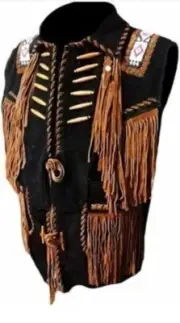 Black Western Suede Leather Vest Native American Beaded Fringe Cowboy Vest