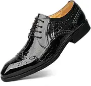 [SayfuR] Formal Dress Shoes for Men Lace Up Square Toe PU Leather Brogue Embossed Wingtips Derby Shoes Anti-Slip Resistant Non Slip Prom(Black,8 UK)