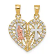 10K Two-tone Gold w/ White Rhodium CZ Religious Break-apart Heart Pendant