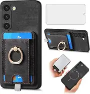 [Asuwish] Phone Case for Samsung Galaxy S23 5G Wallet Cell Cover with Screen Protector Tempered Glass and Slim Ring Stand Credit Card Holder Slot S 23 23S GS23 G5 SM-S911U 6.1 inch Women Girl Men Black