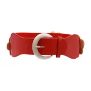 Women Red Elastic Strap Wide Spring Summer Design Belt Flowers Silver Buckle S M