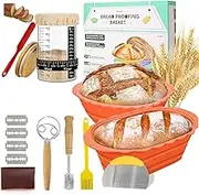 Complete Sourdough Bread Baking Supplies, Sourdough Starter Kit, 35oz Sourdough Starter Jar, 2 Bread Proofing Baskets, Thermometer, Feeding Time Tracker, Metal Scraper, Easy to Clean