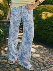 Joules Pull On Blue Toile de Jouy Trousers with Linen (E32952) | $148