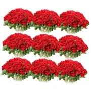 100 Pieces Artificial Roses Flowers bulk, Long Stem Realistic Fake Silk Red