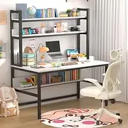 Aquzee Computer Desk with Hutch and Bookshelf, 140cm Wide White Home Office Desk with 3 Tier Storage Shelves, for Study Writing Work, Easy Assemble