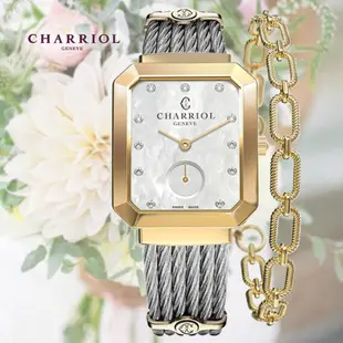 CHARRIOL 夏利豪 ST-TROPEZ 矩形珍珠母貝錶盤真鑽精品女錶-香檳金30×25.5mm STREY.560.001