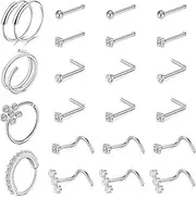 [Briana Williams] 23Pcs Nose Rings for Women 18G 20G Nose Piercing Jewelry L Shape Nose Studs Nose Rings Hoop Nose Jewelry Stainless Steel Studs Screw Nose Nostril Piercing Jewelry for Women Men