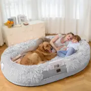Large Washable Human Dog Bed with Blanket & Pillow - Light Grey