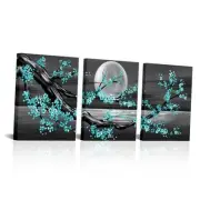 3 Panel Teal Flower Picture Full Moon Canvas Wall Art Turquoise Floral Plum