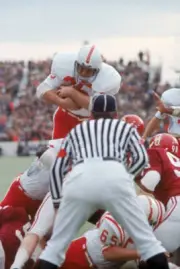 Nebraska Jeff Kinney in action, diving over Oklahoma defense - 1971 Old Photo